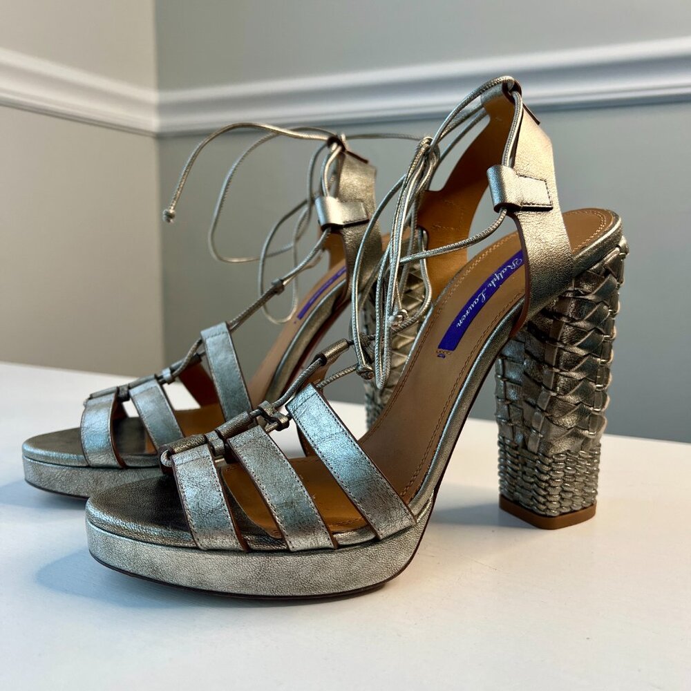 Ralph Lauren Purple Label Metallic Braided Heel Platform Sandals, Size 39.5